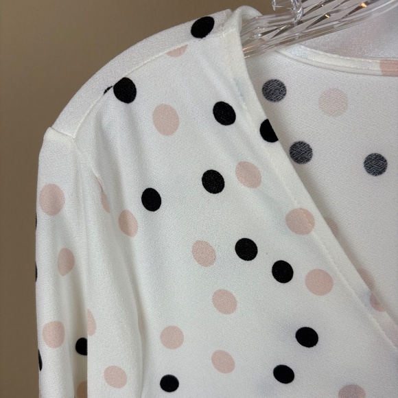 Adrianna Papell Off White with Black/Pink Polka Dots Long Sleeve Pullover Blouse - Picture 4 of 10